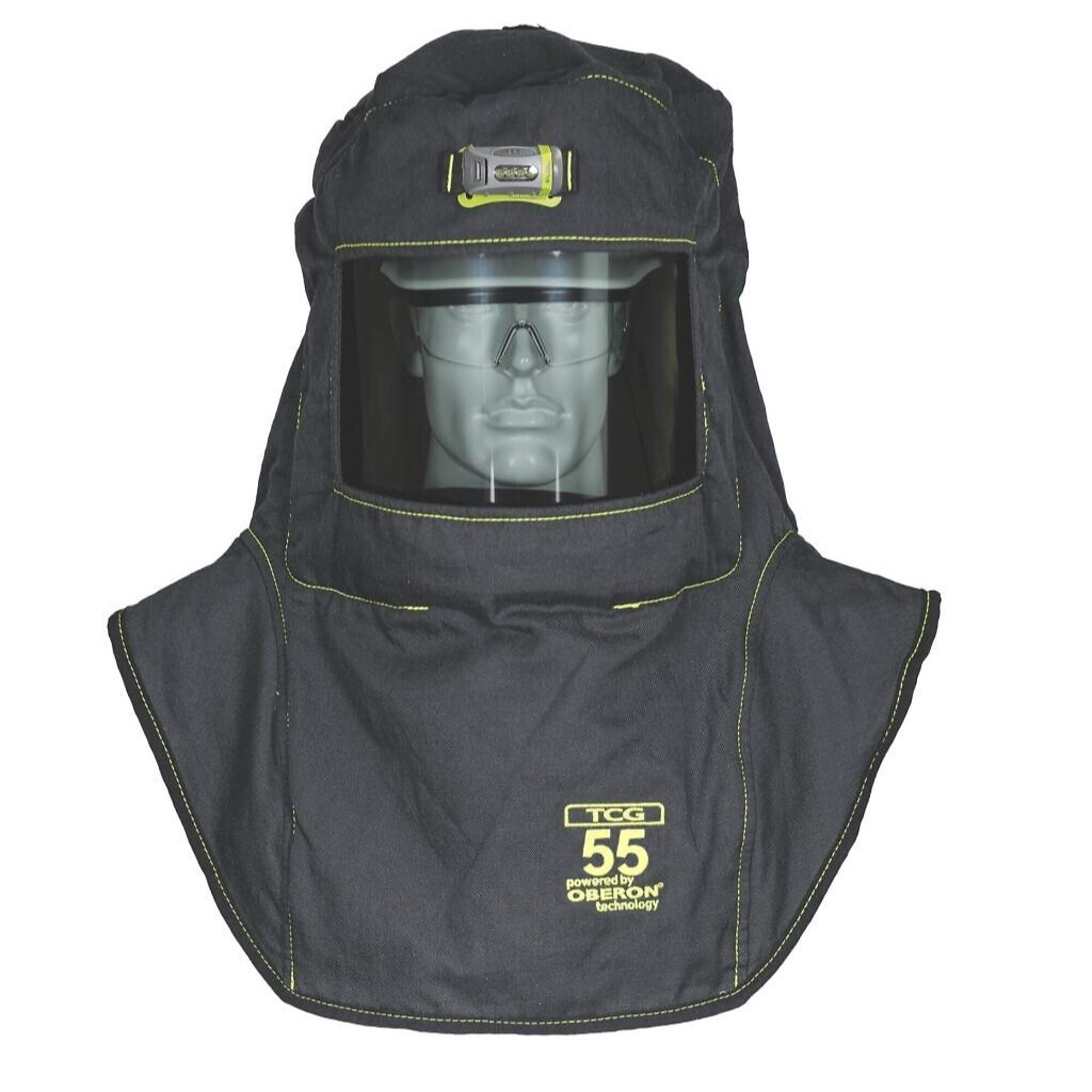 OBERON™ - Hood with Hard Cap - Arc Flash - 55 Cal TCG™ - With Fresh Air Arc Flash Hood Ventilation System & Light - Color: Black - Window: True Color Grey (TCG™) - Model # TCG55-C+HVSL